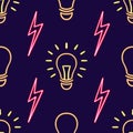 seamless pattern geometric lightning bolt lamp figure glowing desktop icon, neon electric lamp sticker, neon figure Royalty Free Stock Photo