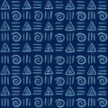 Seamless pattern. Geometric ornament on a blue background line, triangle, spiral