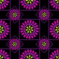 Seamless pattern with geometric pattern of pink circular floral elements and squares on a black background Royalty Free Stock Photo