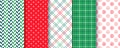 Seamless pattern. Geometric prints. Red green background with polka dot, herring bone, check and spiral Royalty Free Stock Photo