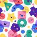 Seamless pattern geometric shapes with emotions. Funny color characters, different simple bright figures, abstract kids