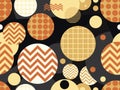 Seamless pattern with geometric shapes in the style of the 80s. Circles with zigzags. Background with triangles, circles