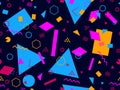 Seamless pattern with geometric shapes in the style of the 80s. Multicolored vintage background with triangles, circles