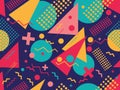 Seamless pattern with geometric shapes in the style of the 80s. Multicolored vintage background with triangles, circles