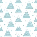 Seamless pattern with geometric snowy mountains and stars.