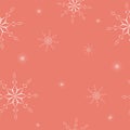 Seamless pattern of geometric white snowflakes different sizes on coral background. Flat style winter holiday and Happy New Year Royalty Free Stock Photo