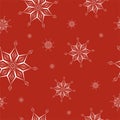 Seamless pattern of geometric white snowflakes different sizes on red background. Flat style winter holiday and Happy New Year Royalty Free Stock Photo