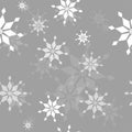 Seamless pattern of geometric white snowflakes different sizes transparency on grey background. Flat style winter holiday and Royalty Free Stock Photo