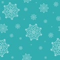 Seamless pattern of geometric white snowflakes different sizes on turquoise background. Flat style winter holiday and Happy New Royalty Free Stock Photo