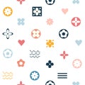 seamless pattern geometry icons hearts flowers. Geometric icons background on white simple.