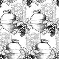 Seamless pattern. Georgian traditional vineyard with kvevri, grapevine and stone wall texture