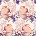 Seamless pattern. Georgian traditional vineyard with kvevri, grapevine and stone wall texture.