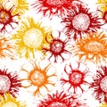 Seamless pattern with Gerbera daisies flowers ink painting style. Royalty Free Stock Photo