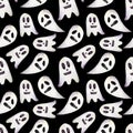 Seamless pattern with ghosts illustrations on black backdrop for Halloween.