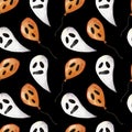Seamless pattern with ghosts illustrations on black background for Halloween.