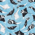 Seamless pattern with Giant oceanic manta ray. Manta rays Mobula birostris in different poses on a beautiful blue background