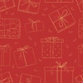 Seamless pattern with gift boxes. Monochrome vector illustration in sketch style. Silhouette on a red background Royalty Free Stock Photo