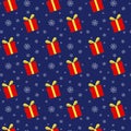 Seamless pattern of gift boxes and snowflakes