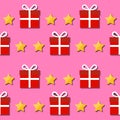 Seamless pattern. Giftbox and stars symbols.