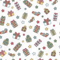 Seamless pattern with gifts and stars on a white background