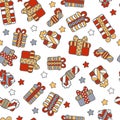 Seamless pattern with gifts and stars on a white background