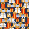 Seamless pattern with gifts. Various boxes with ribbons. Festive flat style design for packaging and print. Vector