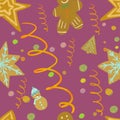 Seamless pattern with ginger biscuits of christmas shapes, golden tinsel, serpentine on pink background. Hand drawing holidays coo