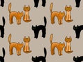 Seamless pattern with ginger and black cats on a gray background Royalty Free Stock Photo