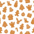 Seamless pattern of gingerbread cookies for Christmas. Gingerbread house, man, angel, reindeer, christmas tree. Royalty Free Stock Photo