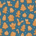 Seamless pattern of gingerbread cookies for Christmas. Gingerbread house, man, angel, reindeer, christmas tree. Royalty Free Stock Photo