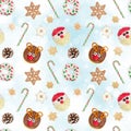 Seamless pattern with gingerbread cookies, Santa Claus, donut and Christmas tree cone