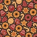 Seamless pattern with gingerbread cookies and snow Royalty Free Stock Photo