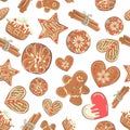 Seamless pattern with gingerbread cookies on white background. Christmas background. Vector illustration Royalty Free Stock Photo