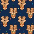 Seamless Pattern with Gingerbread Deer on Blue. Christmas Cookie