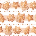 Seamless pattern with gingerbread house, gift, snowflake, fir tree. Suitable for fabric, wrapping paper, wallpaper, background, Royalty Free Stock Photo