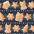 Seamless pattern with gingerbread house, gift, snowflake, fir tree. Suitable for fabric, wrapping paper, wallpaper, background, Royalty Free Stock Photo