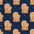 Seamless Pattern with Gingerbread Mitten on Blue. Christmas Cookie