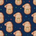 Seamless Pattern with Gingerbread Santa Claus on Blue. Christmas Cookie