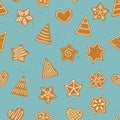 Seamless pattern with gingerbread trees, stars and hearts. Royalty Free Stock Photo