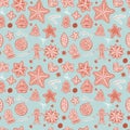 Seamless pattern. Gingerbread Xmas different cookies backdrop on the light blue background. Flat vector illustration.