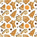 Seamless pattern with gingerbreads, orange slices and spices.