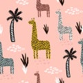 Seamless pattern with giraffe, palm tree, hand drawn shapes and textures. African texture for fabric, textile. Vector background