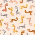 Seamless Pattern with giraffes on pink background. Vector trendy scandinavian background