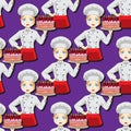 Seamless pattern of a girl cook with a cake in her hands on a purple background. Vector image
