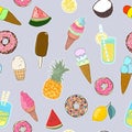 Seamless pattern of girl fashion patches, cute cartoon badges, fun stickers desserts vector. Ice-cream, watermelon, coconut, lemon
