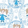 Seamless pattern with girl, gift, ball and other element