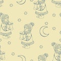 Seamless pattern of girl with a gift, stars and moon. Christmas postcard vector design. Small girl in winter clothes