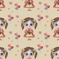 Seamless pattern. A girl with a hairstyle with bows holds a jug and licks her lips on a beige background with balloons