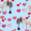 Seamless pattern girl kisses llama and hearts Royalty Free Stock Photo