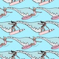 Seamless pattern with girls on bright surf boards on waves in the ocean.